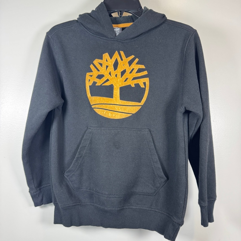 Timberland Boys M 10-12 Black Yellow Tree Logo Fleece Pullover Hoodie Outdoor